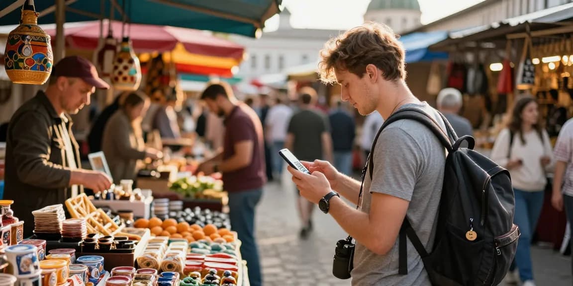 Pengunjung di pasar Rusia menggunakan aplikasi https://payinrussia.com/ untuk membayar dengan QR code, dikelilingi oleh penjual lokal.