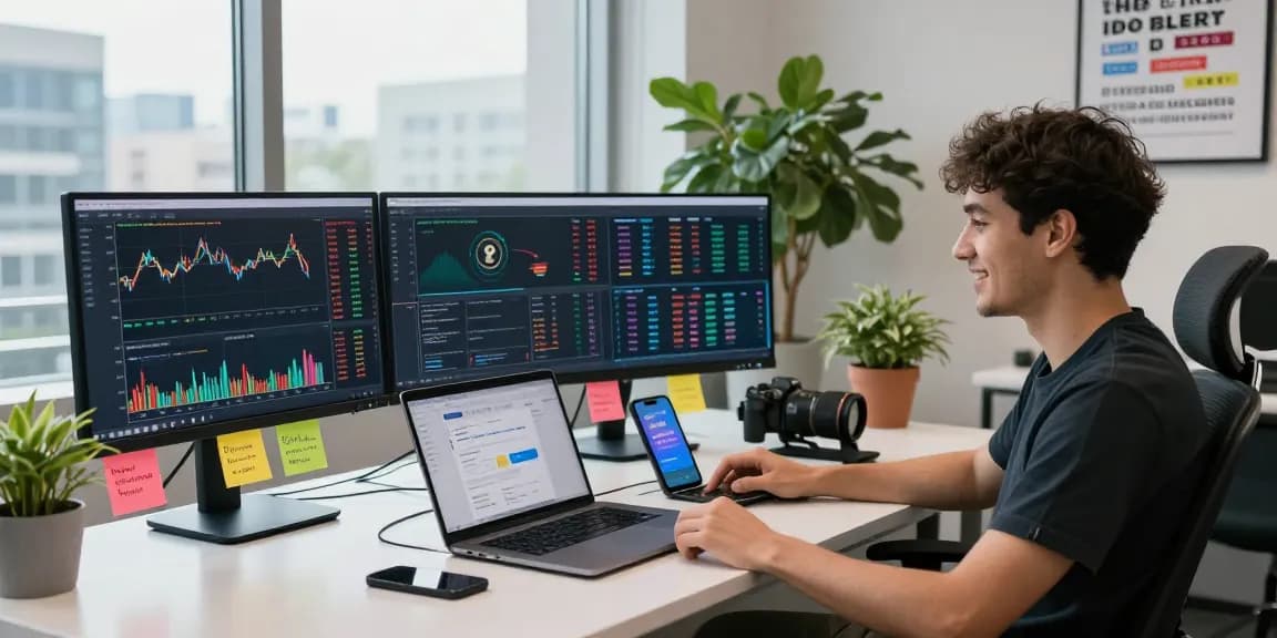 Cryptocurrency trader using Hyperliquid referral code (8000USDT) in a modern workspace with multiple monitors.
