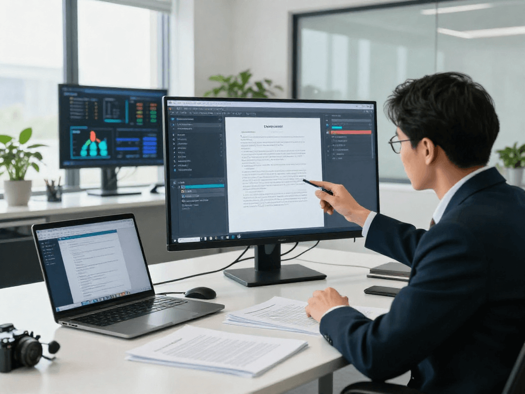 Professional analyzing document fraud detection tools in a modern office setting with digital analytics and printed documents.