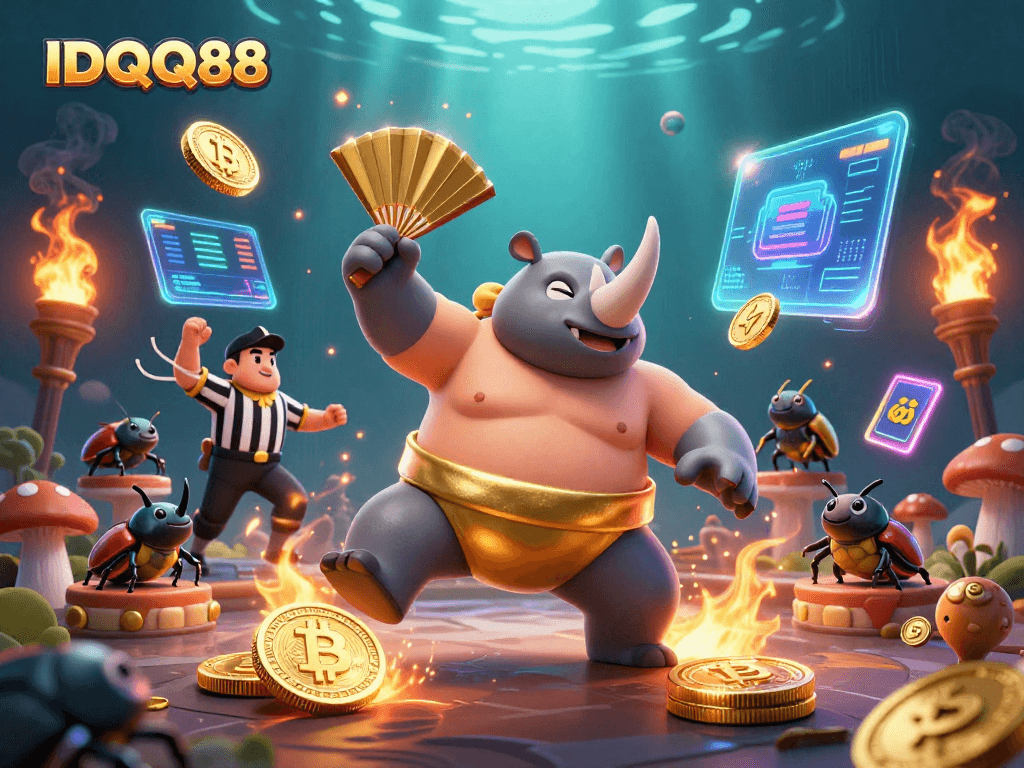 IDQQ88 showcases an exciting sumo wrestling beetle scene, combining crypto themes and vibrant casino elements.