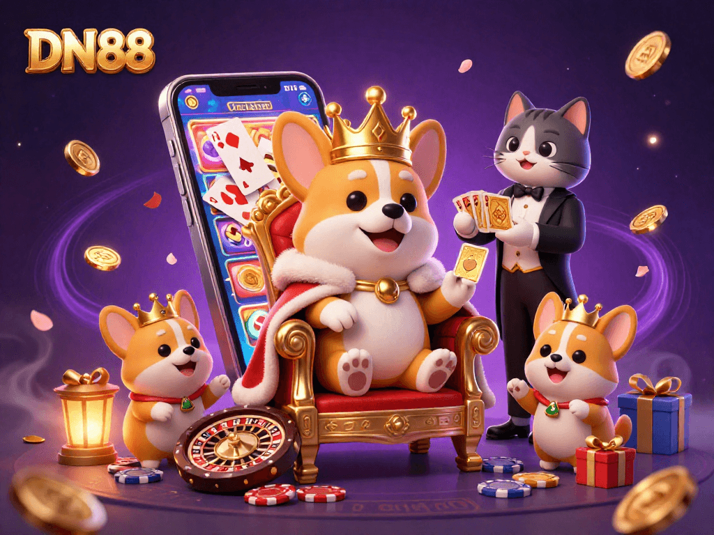 Experience the excitement of DN88 with a royal corgi surrounded by lively casino elements.