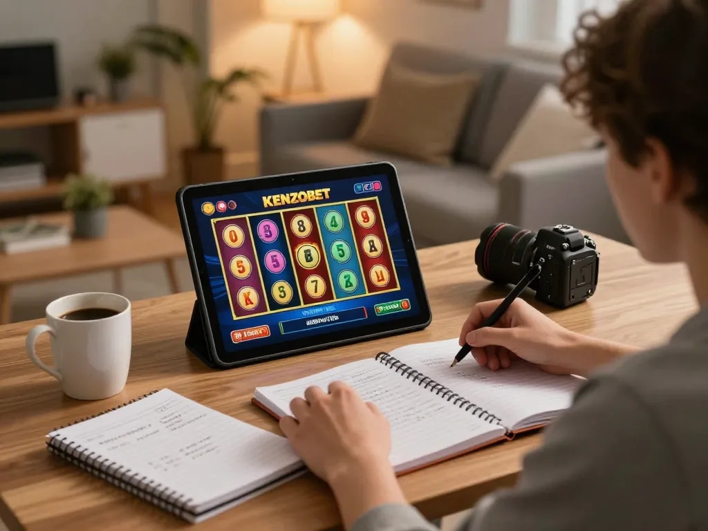 Kenzobet slot gameplay displayed on a tablet in a cozy home setting, showcasing strategic gaming.