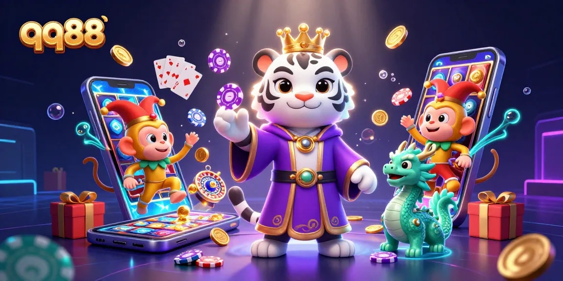 Play exciting casino games at qq88 with vibrant illustrations featuring unique characters and rich gaming elements.