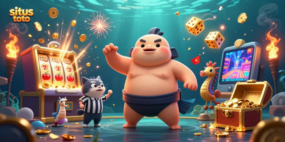 Taruhan situs toto di kasino digital dengan balon ikan fugu dan mesin slot berkilau.