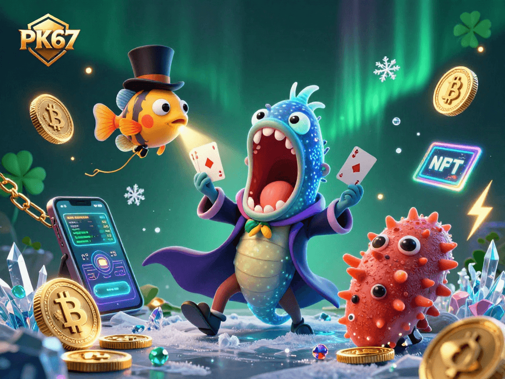 Watch PK67’s animated characters perform magical tricks in a vibrant crypto-themed casino scene.