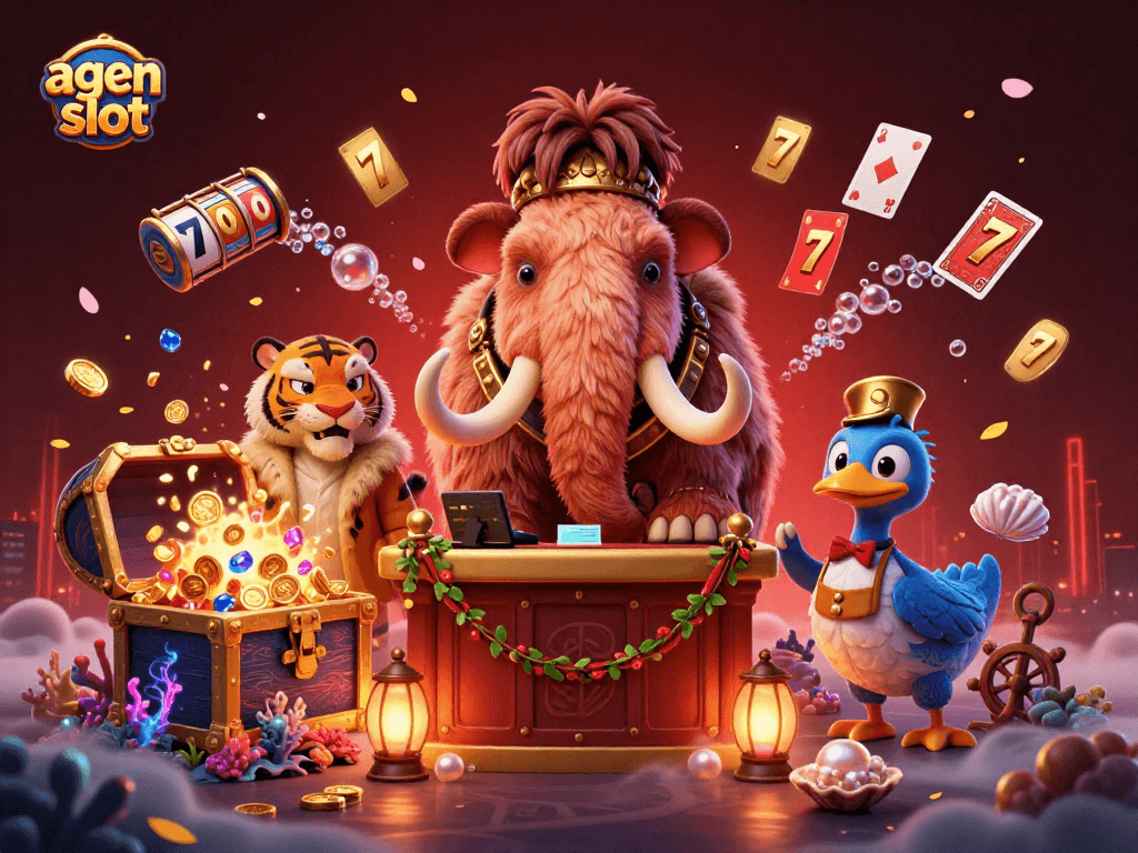 Permainan agen slot dengan mammoth sebagai penjaga, macan saber VIP, dan burung dodo di depan pintu kasino.