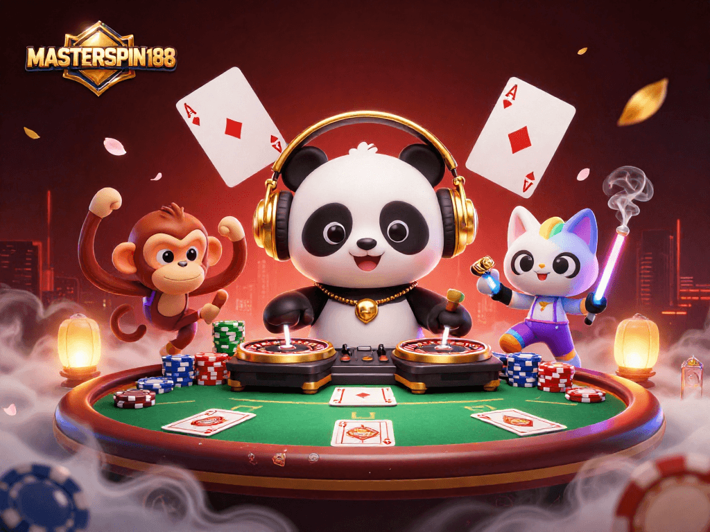 Join the excitement of MASTERSPIN188 with colorful characters and gambling elements in an energetic casino scene.
