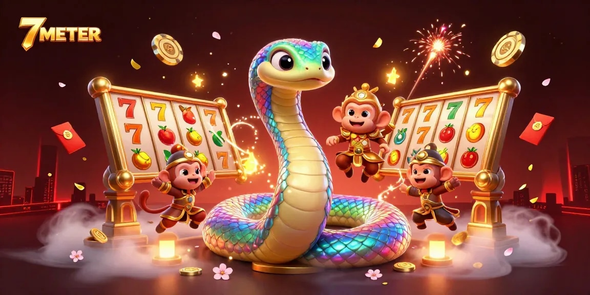 Experience 7METER's vibrant casino scene featuring dynamic slot reels and playful elements.