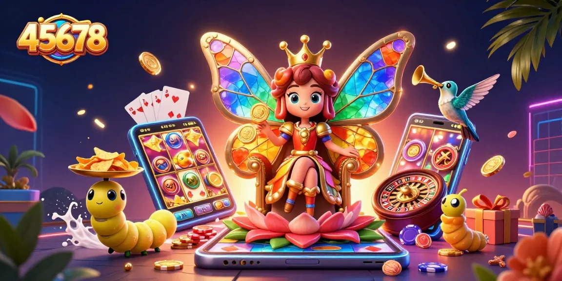 Engaging 45678 online casino scene with a vibrant butterfly queen, chips, and dynamic slot game elements.