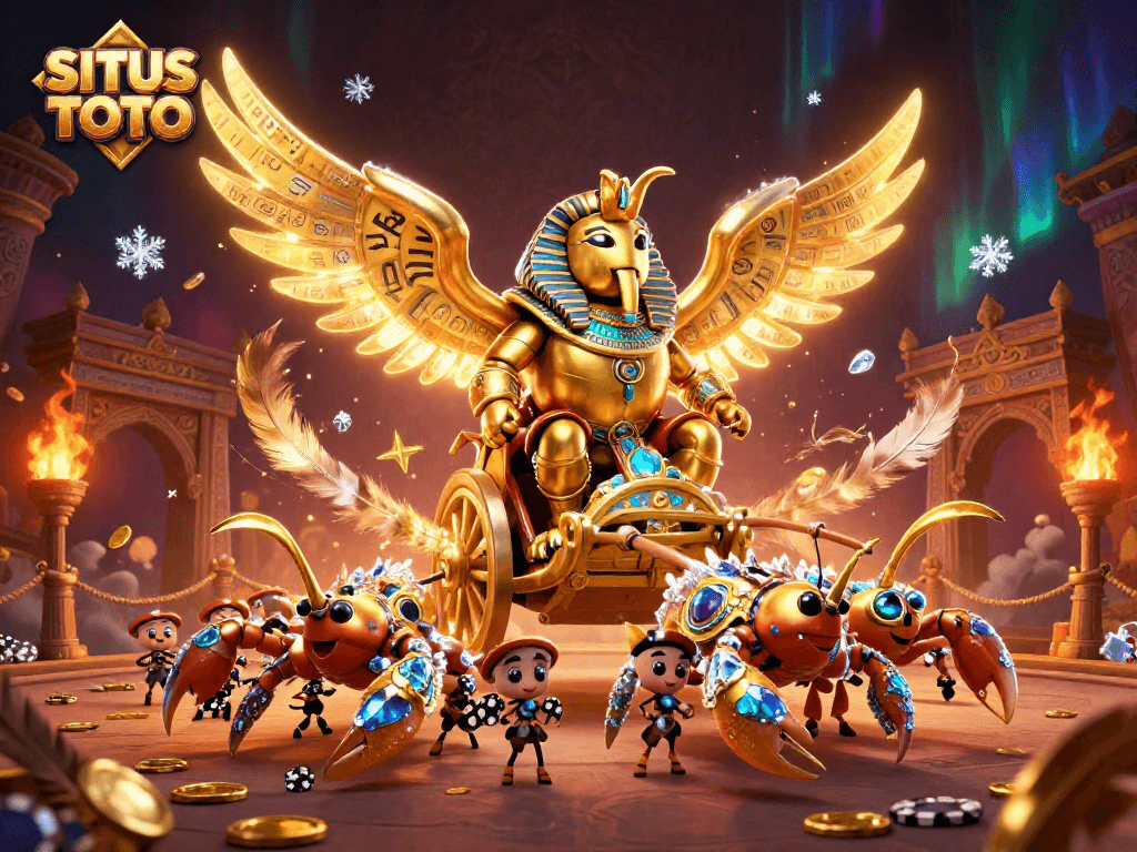 SITUS TOTO memantulkan keseruan permainan judi dengan ilustrasi scarab emas yang memukau di chariot, kartu, dan koin tersebar