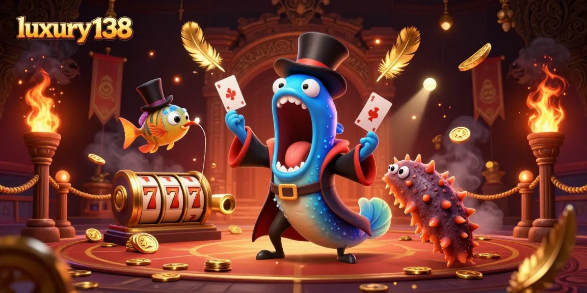 Engage with luxury138's exciting slots as deep-sea creatures perform thrilling magic tricks in a casino setting.