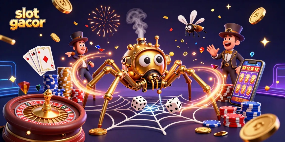 Slot gacor yang memikat dengan laba-laba steampunk menangkap dadu yang tidak beruntung dalam permainan kasino