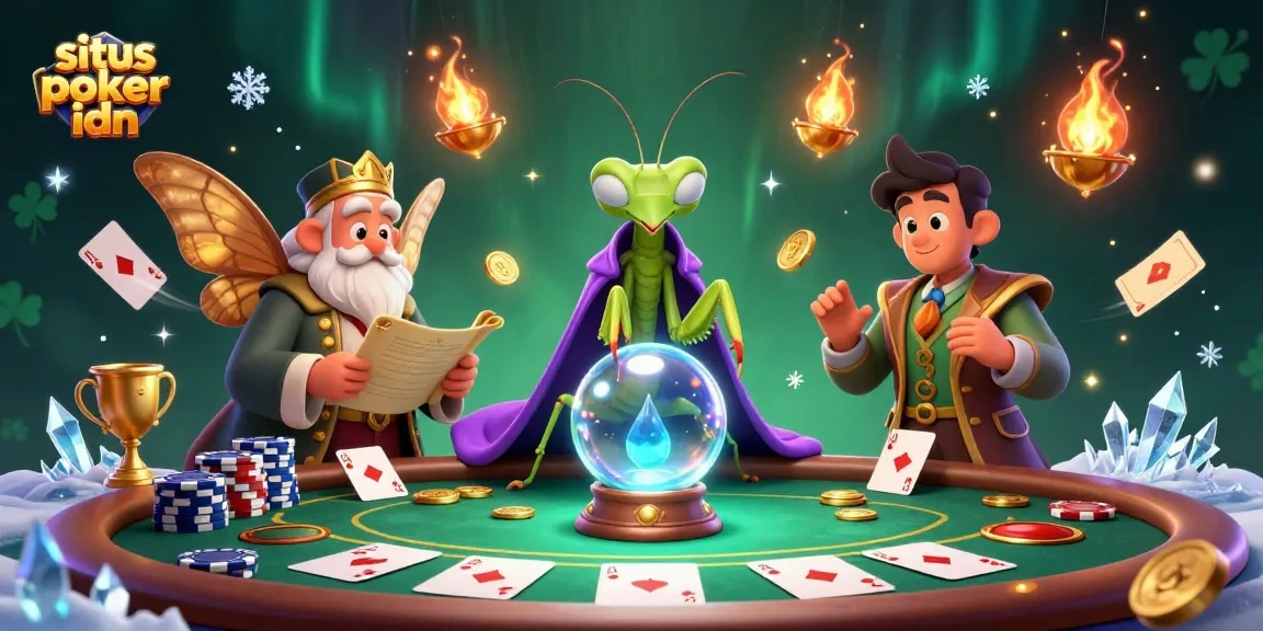 Join the excitement of situs poker idn with a mystical scene full of poker elements and fortune tellers.
