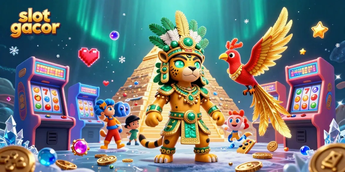 Engage in vibrant slot gacor action with Mayan priest and golden quetzal in a casino-themed scene.