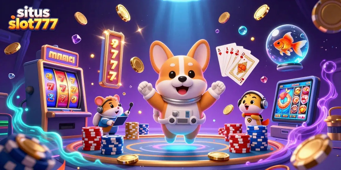 Situs slot777 showcases a playful 3D illustration of an astronaut corgi and casino elements, enhancing gaming excitement.