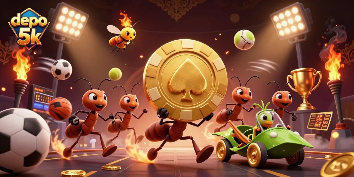 Catch the action in this vibrant illustration of a heist featuring ants and a grasshopper getaway in a casino setting with depo 5k.