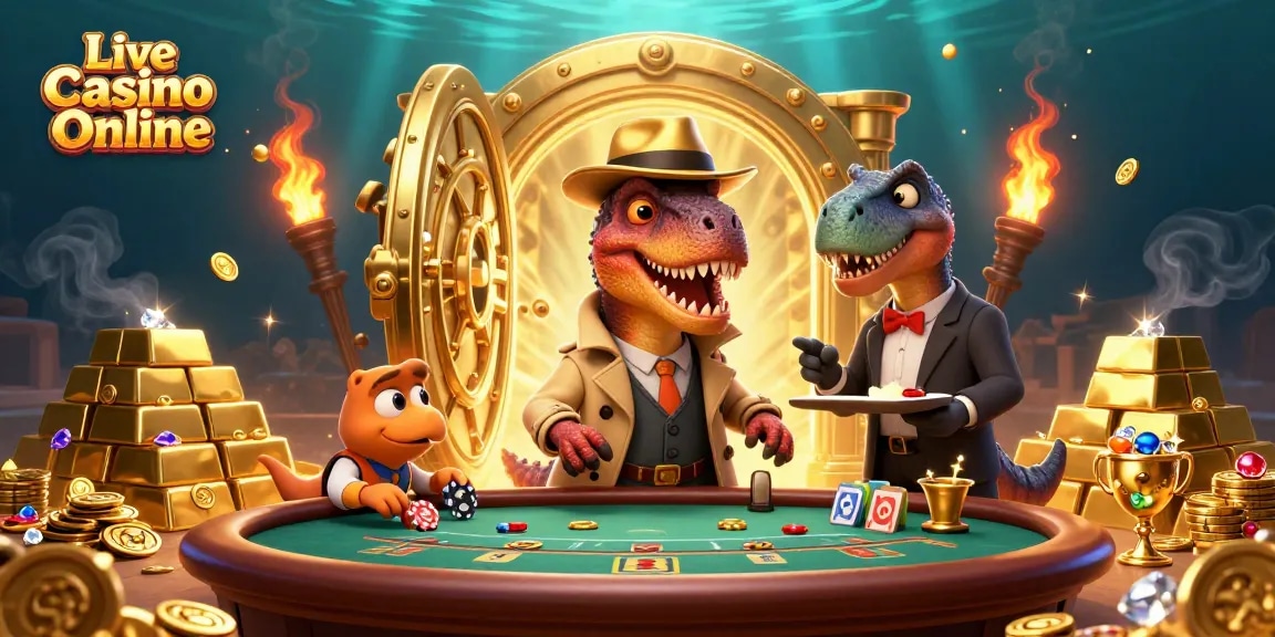 Experience thrills with Live Casino Online as a velociraptor card counter plays discreetly at a blackjack table.