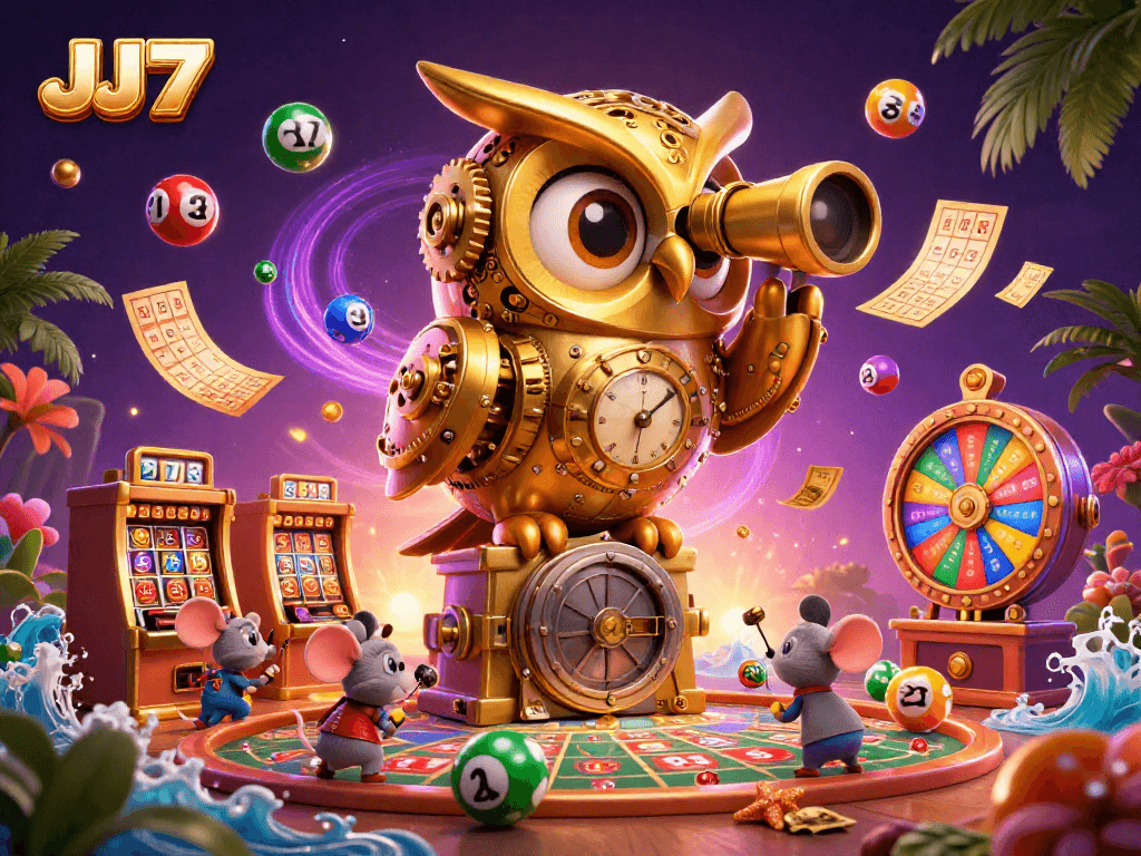 Experience thrilling gameplay with JJ77 in this vibrant Howdy Casino scene featuring colorful lottery elements.