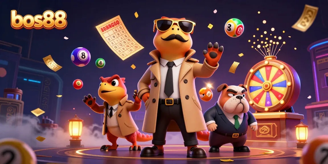 Engage with bos88 as three raptors sneak into a casino, showcasing vibrant game elements and luxury.
