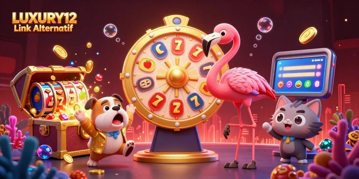 LUXURY12 Link Alternatif showcases an exciting casino scene with a flamingo host, bulldog contestant, and vibrant slot elements.