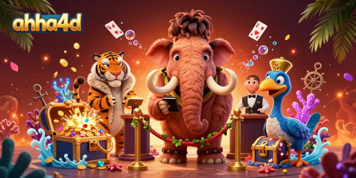 Experience gaming at ahha4d with characters in a vibrant casino scene surrounded by dazzling treasures.