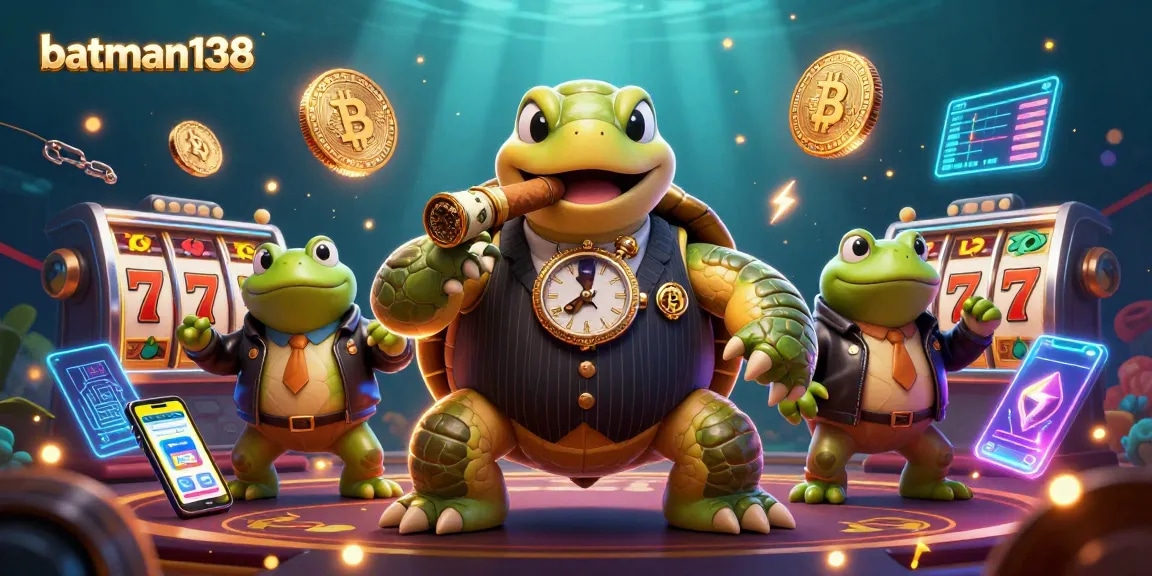 Engage with batman138 as massive snapping turtle and bullfrog enforcers celebrate big wins on the casino floor.