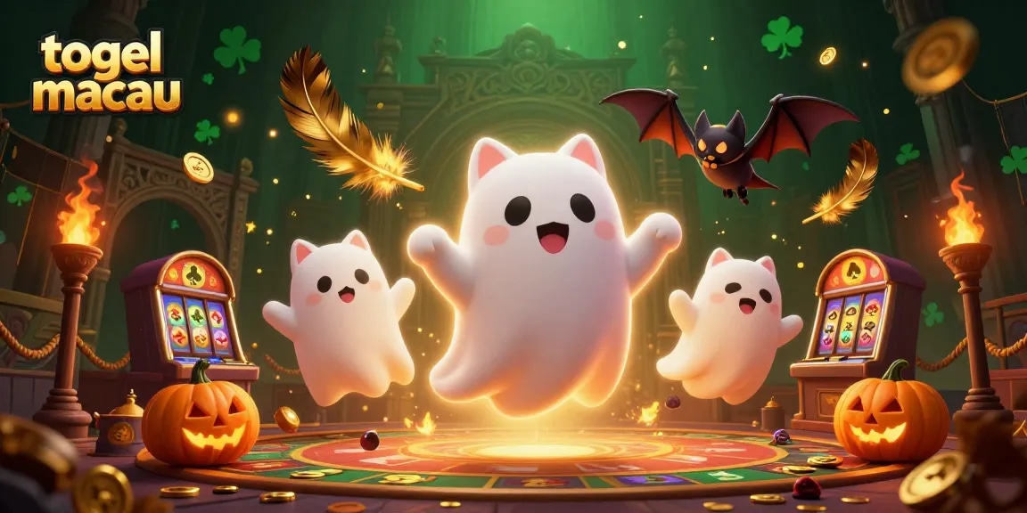 Menghadirkan togel macau dalam balutan ilustrasi ceria dengan kucing hantu di kasino, penuh elemen menarik.