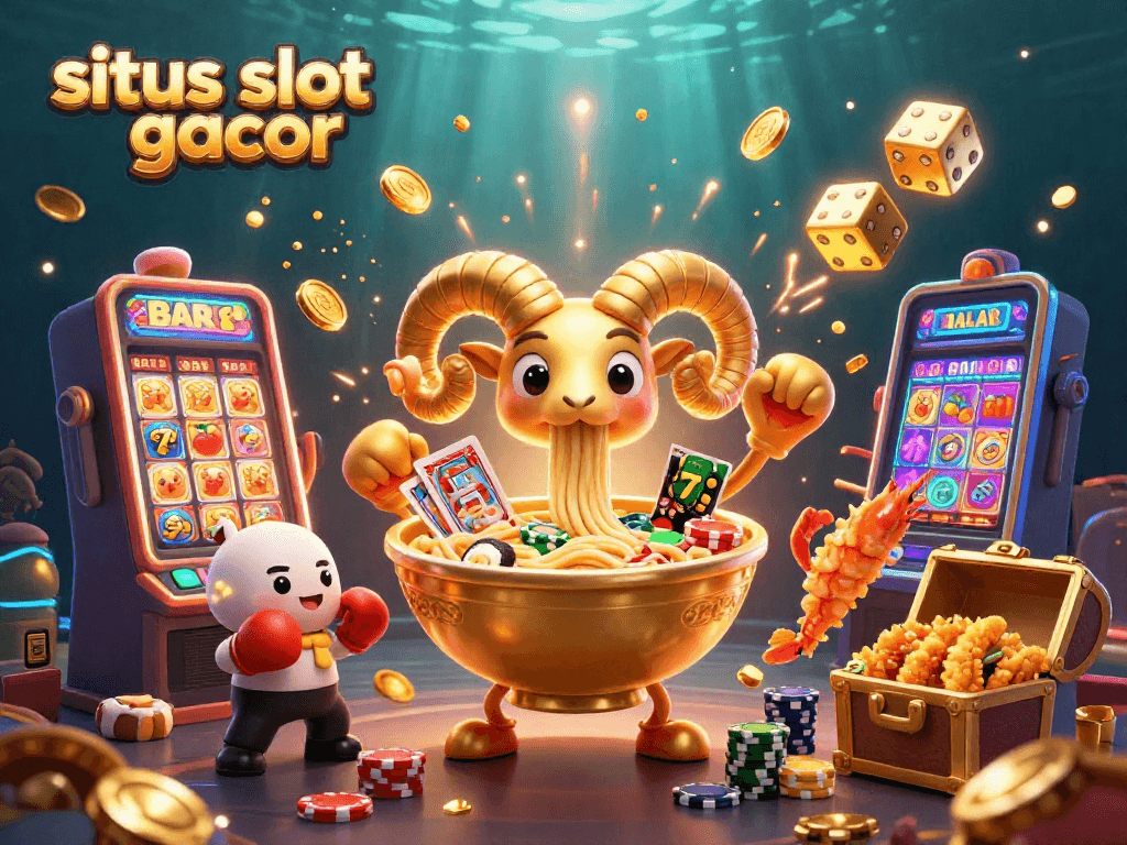 Engage with situs slot gacor through a vibrant illustration, featuring joyful characters in a dynamic casino scene.