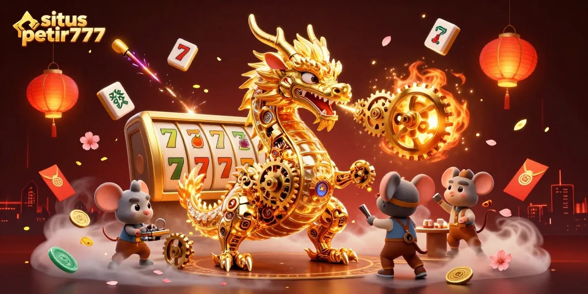Engage with situs petir777 as a golden dragon breathes gears, surrounded by dynamic casino elements.