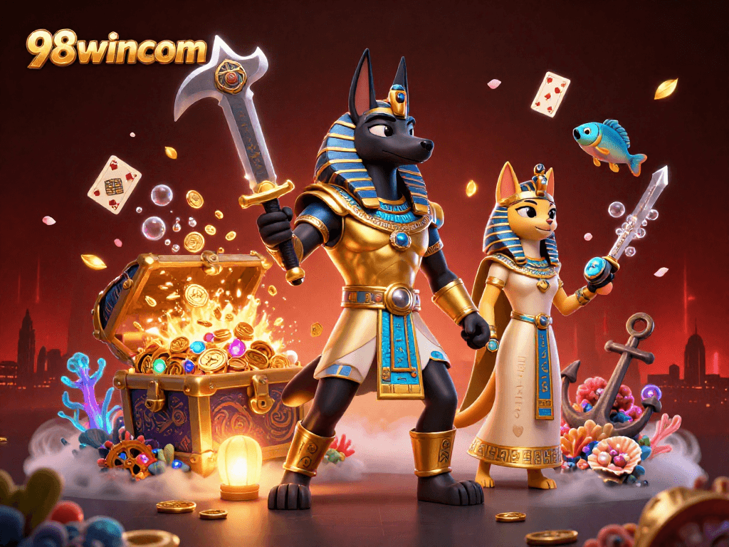 Engage with vibrant 98wincom scene featuring Anubis and Bastet amidst dazzling casino elements.