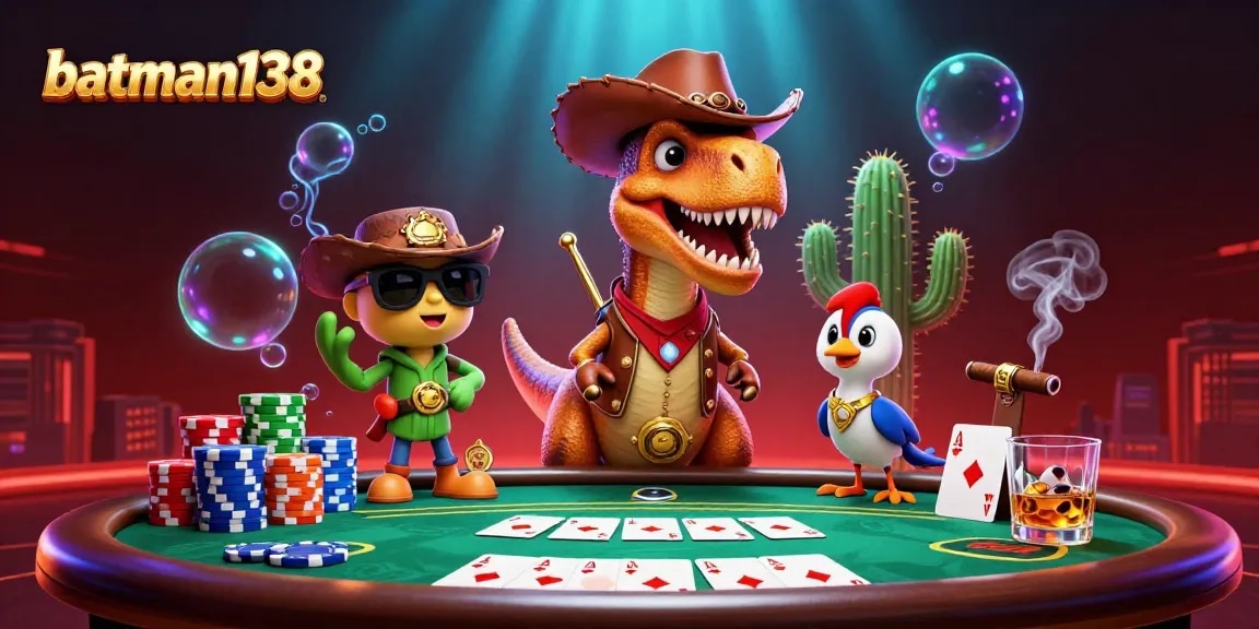 Experience batman138's vibrant poker scene with a dinosaur, cactus, and roadrunner, full of excitement.