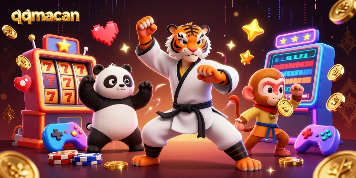 Experience thrilling gameplay with qqmacan as a kung fu tiger and friends celebrate casino wins.