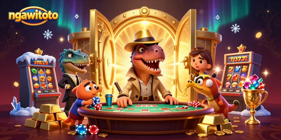 ngawitoto menghadirkan ilustrasi kasino 3D dengan dinosaurus yang bertransaksi di meja blackjack sambil mengincar chip.