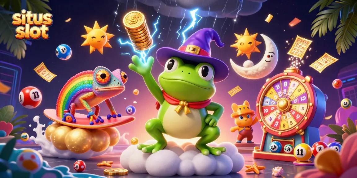 Engage with situs slot amid a vibrant 3D digital scene of playful characters and dynamic casino elements.