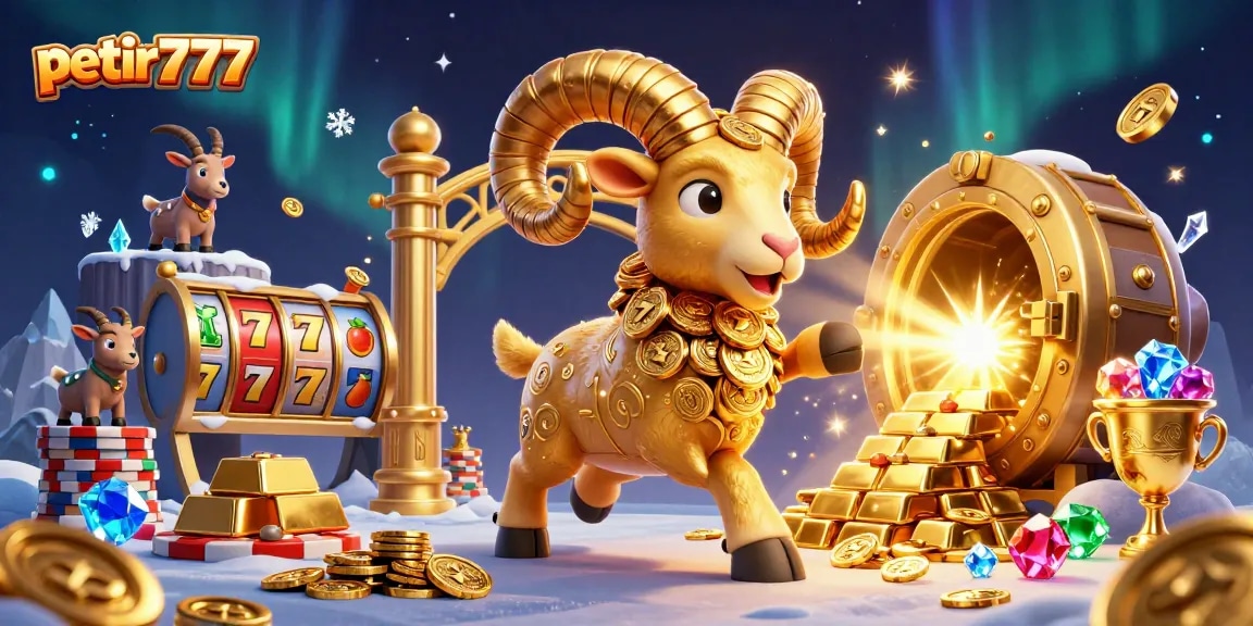 Experience exciting gameplay at petir777 with vibrant slot reels and a dynamic golden ram illustration.