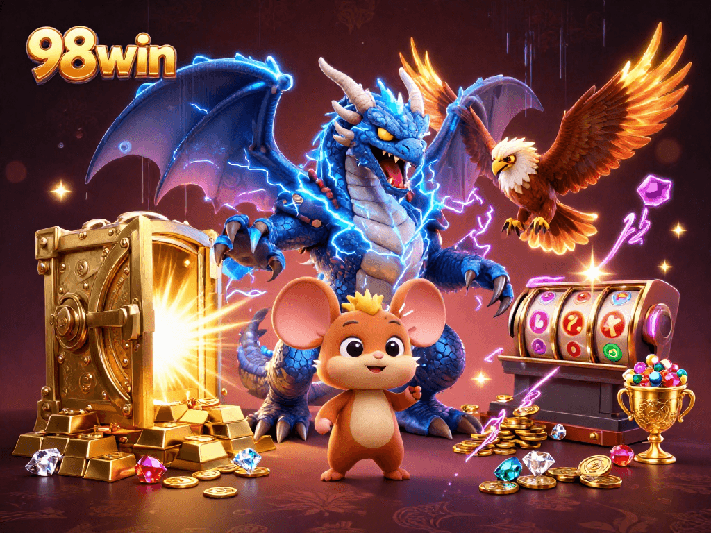 Spin jackpots and win big with 98win in a vibrant, dynamic 3D casino illustration.
