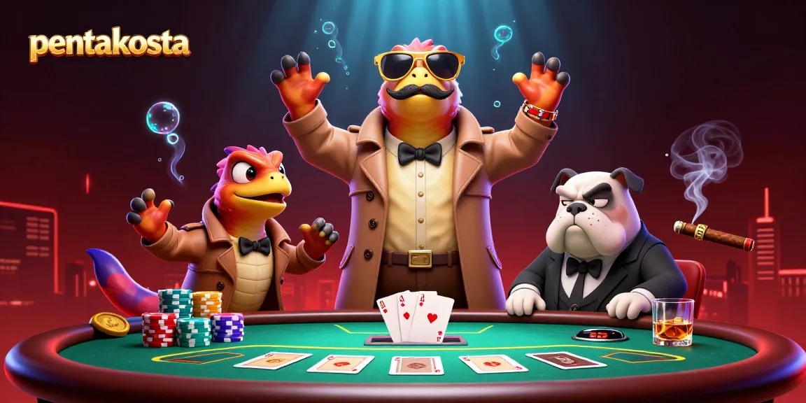 Pentakosta avatars play poker with excitement in a vibrant casino scene filled with chips and cards.