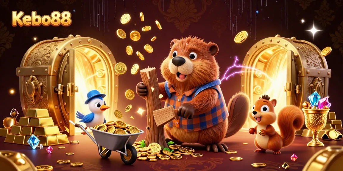 Kebo88 menghadirkan beaver pemotong kayu yang mengumpulkan koin emas, menggambarkan keunggulan permainan slot.