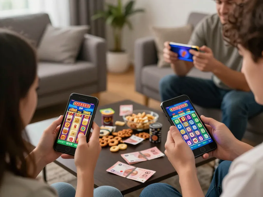 Pemain menikmati pengalaman slot online yang menarik dengan tisu4d di smartphone yang berwarna-warni.