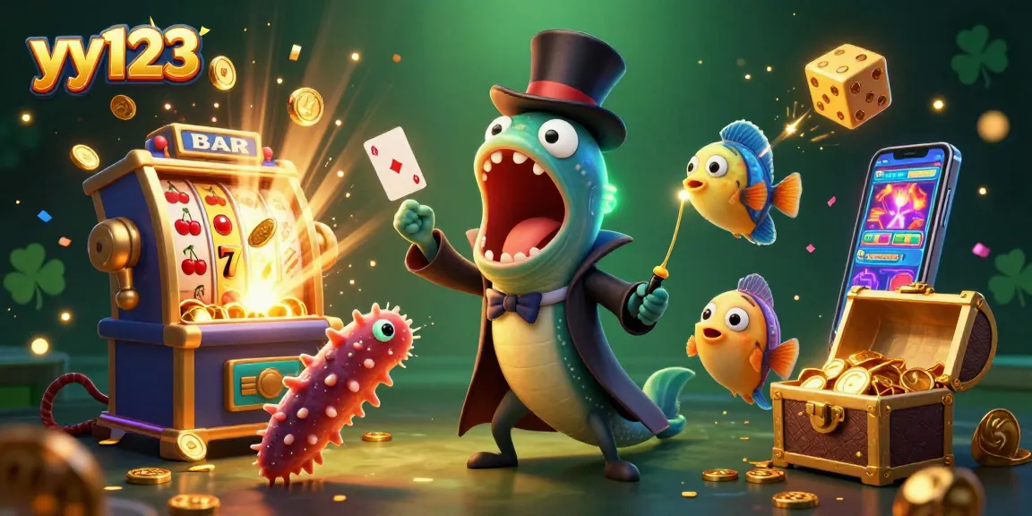 Permainan judi yang seru di yy123 dengan ilustrasi karakter kasino unik dan slot yang mengesankan.