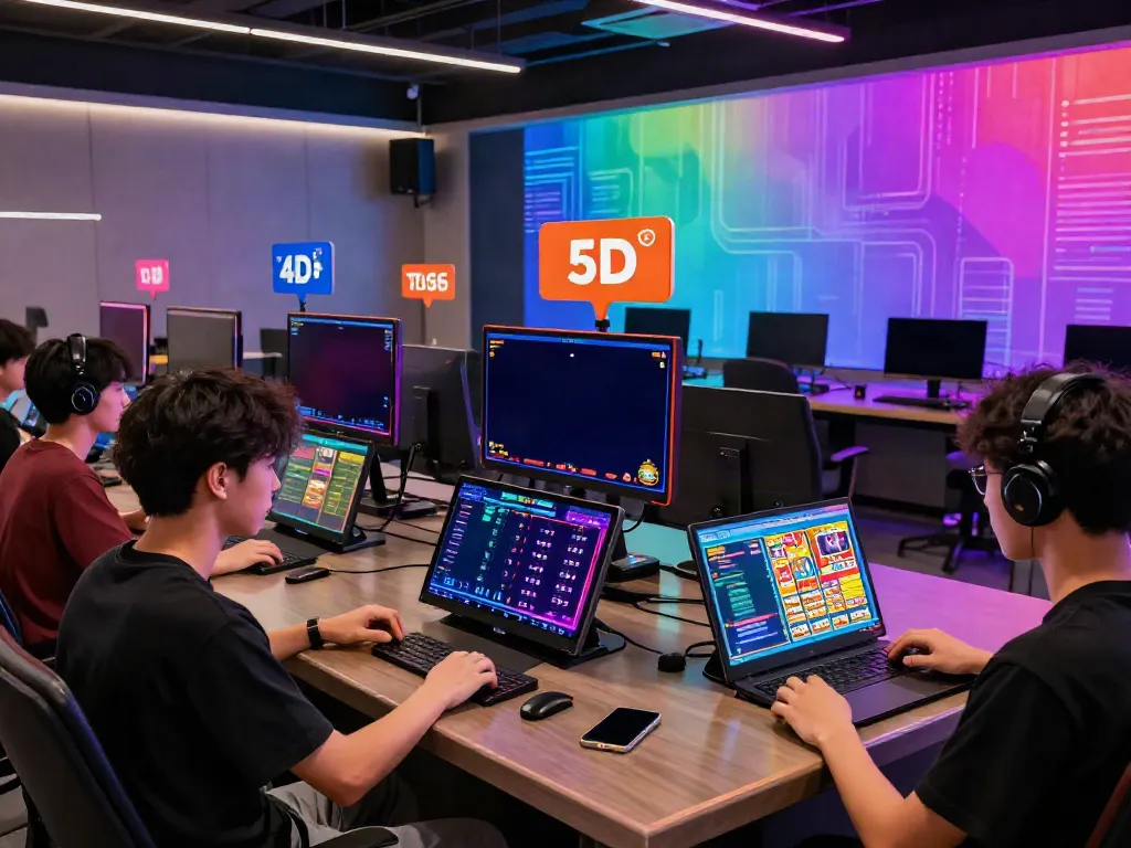 Exciting togel gaming scene illustrating players engaged with ahha4d platform, vibrant screens, and modern tech.