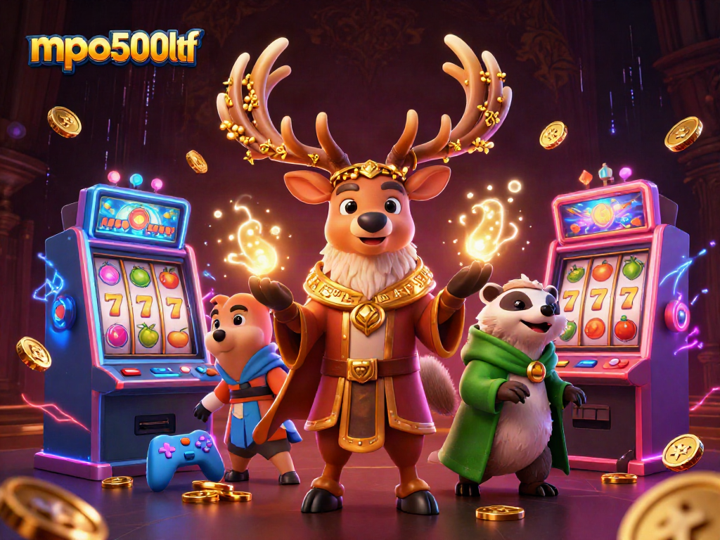Menangkan slot di mpo500ltf dengan simbol buah dan keberuntungan di sekitar karakter ilustrasi 3D yang semarak.