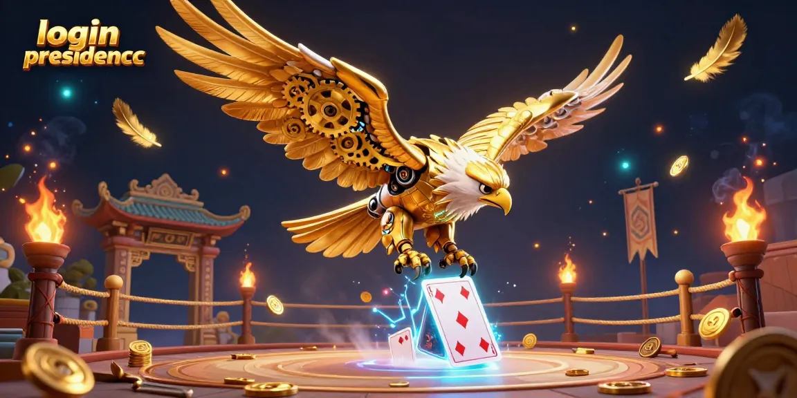Join the excitement at login presidencc with a dynamic 3D illustration showcasing a cybernetic golden eagle amidst casino elements.