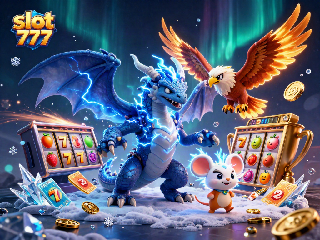 Play exciting slot 777 reels filled with lucky 7s and fruit symbols in a vibrant casino scene.