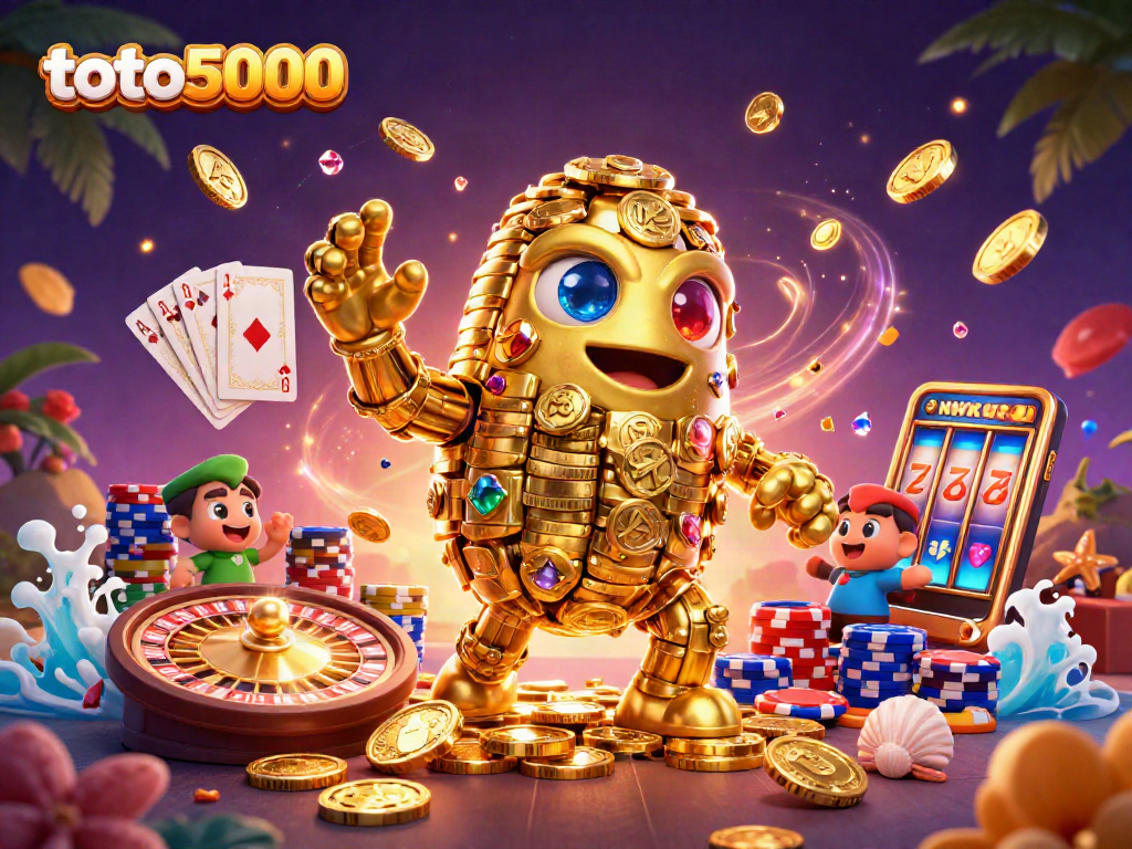 Experience the thrill of toto5000 with an enticing golden golem amidst dazzling casino elements.
