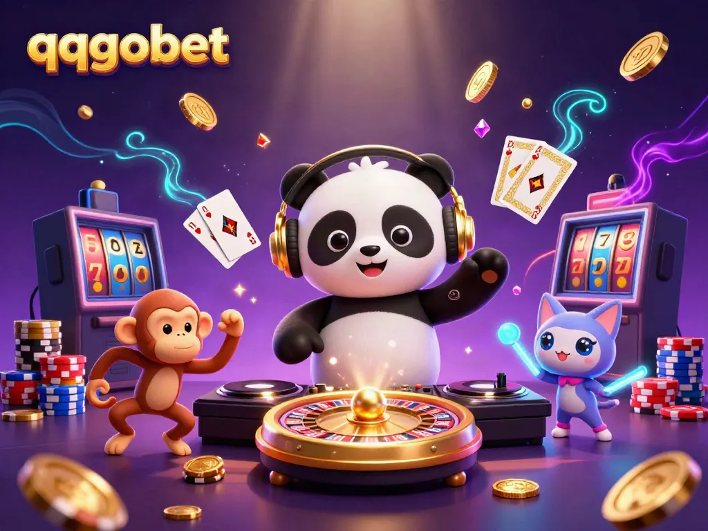 Experience thrilling moments at qqgobet with vibrant casino characters amidst a dazzling gaming scene.