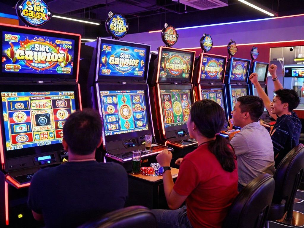 Permainan Slot gacor yang meriah dengan pemain bersuka cita di kasino online.