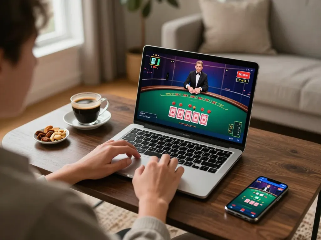 Player engaging in live dealer blackjack at hwg500 with dynamic cards being dealt, in a cozy home setting.