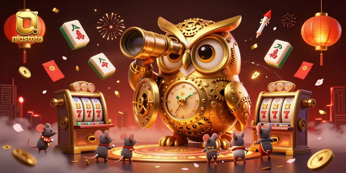 Permainan niastoto dengan owl emas dan tikus, dikelilingi slot, petasan, dan koin jade.