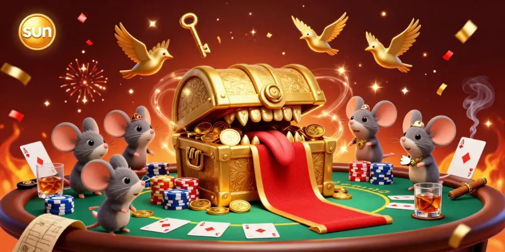 Experience thrilling gameplay at sun with a vibrant casino scene featuring golden treasures and poker elements.